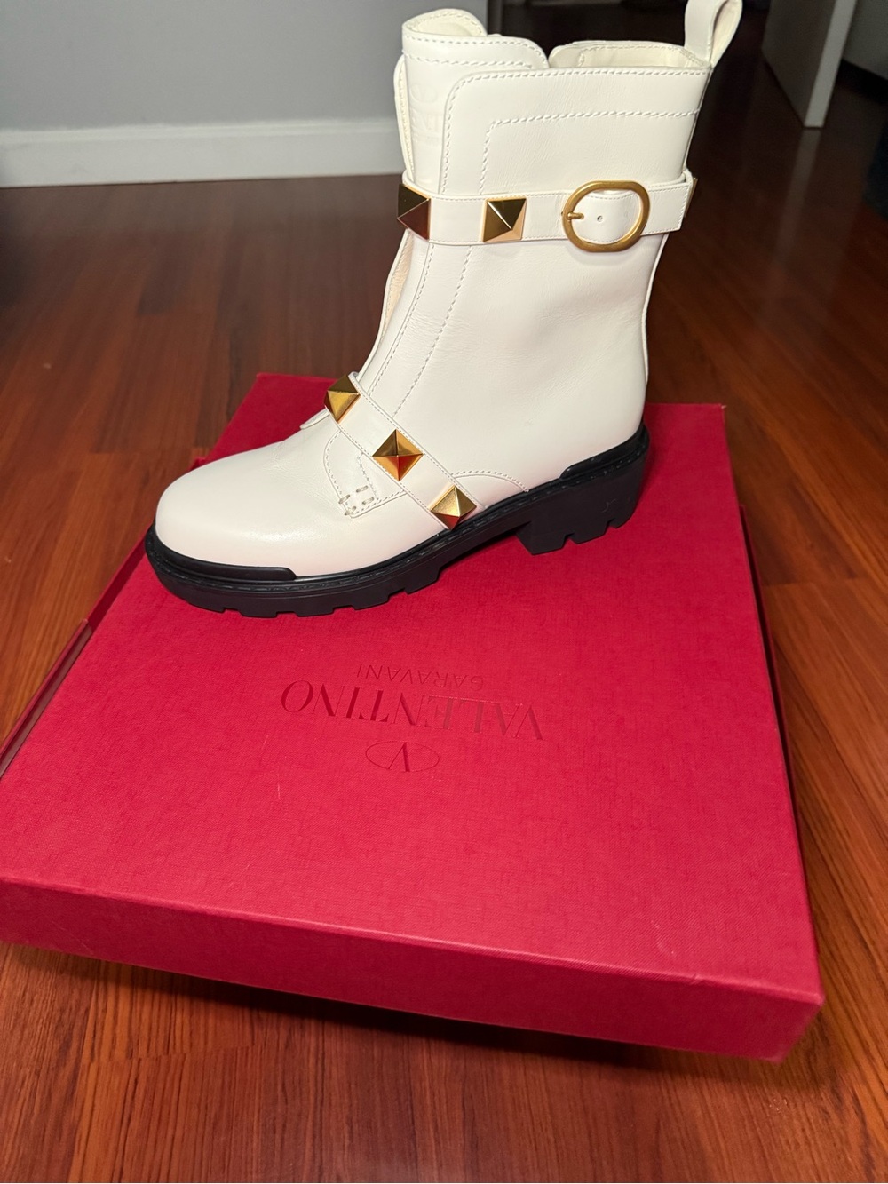 Valentino Ivory Leather Rockstud Combat Boot with Gold Studs